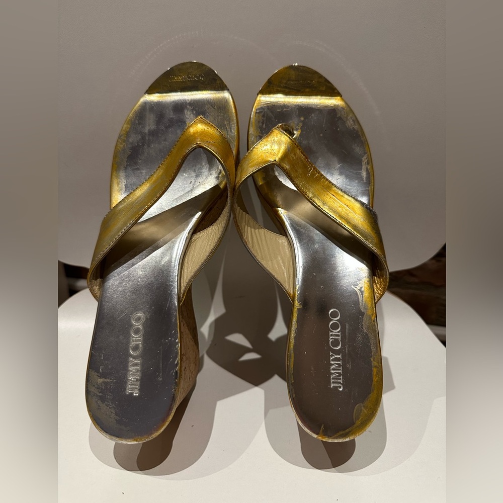 Beige and Gold Cork Wedge Sandals